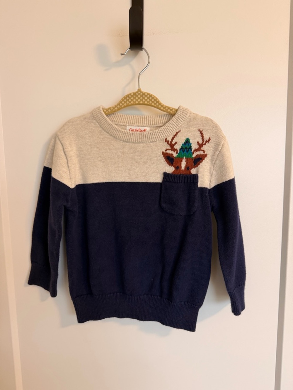 Cat & Jack Cream and Blue Kids Sweater with Reindeer Pocket Accent